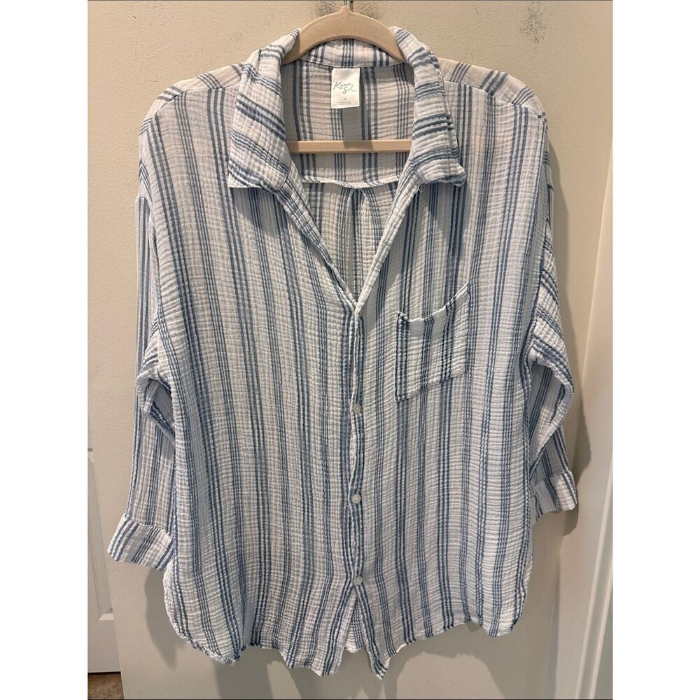 Kona Sol Gauze Blue and White Striped Button-Down Shirt Cover Up size Small